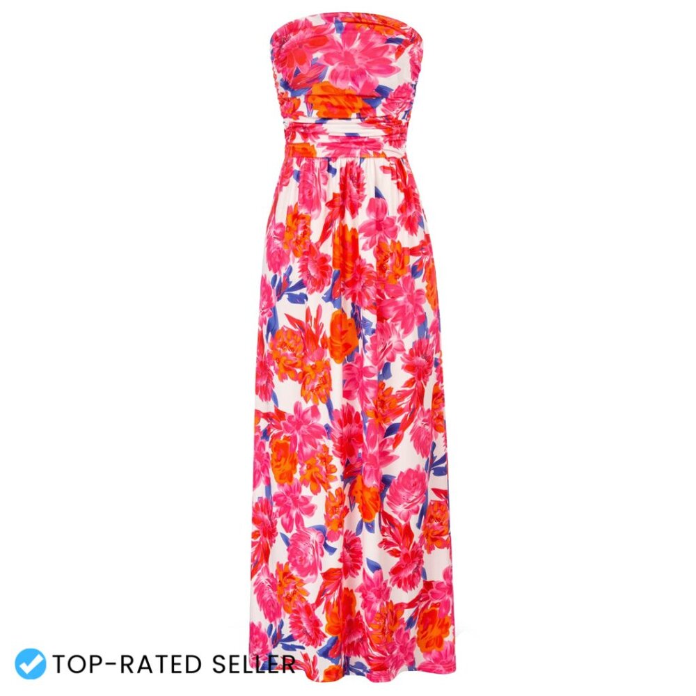 Strapless Maxi Dress Elegant Ruched A-Line Formal Party Wear with Pockets